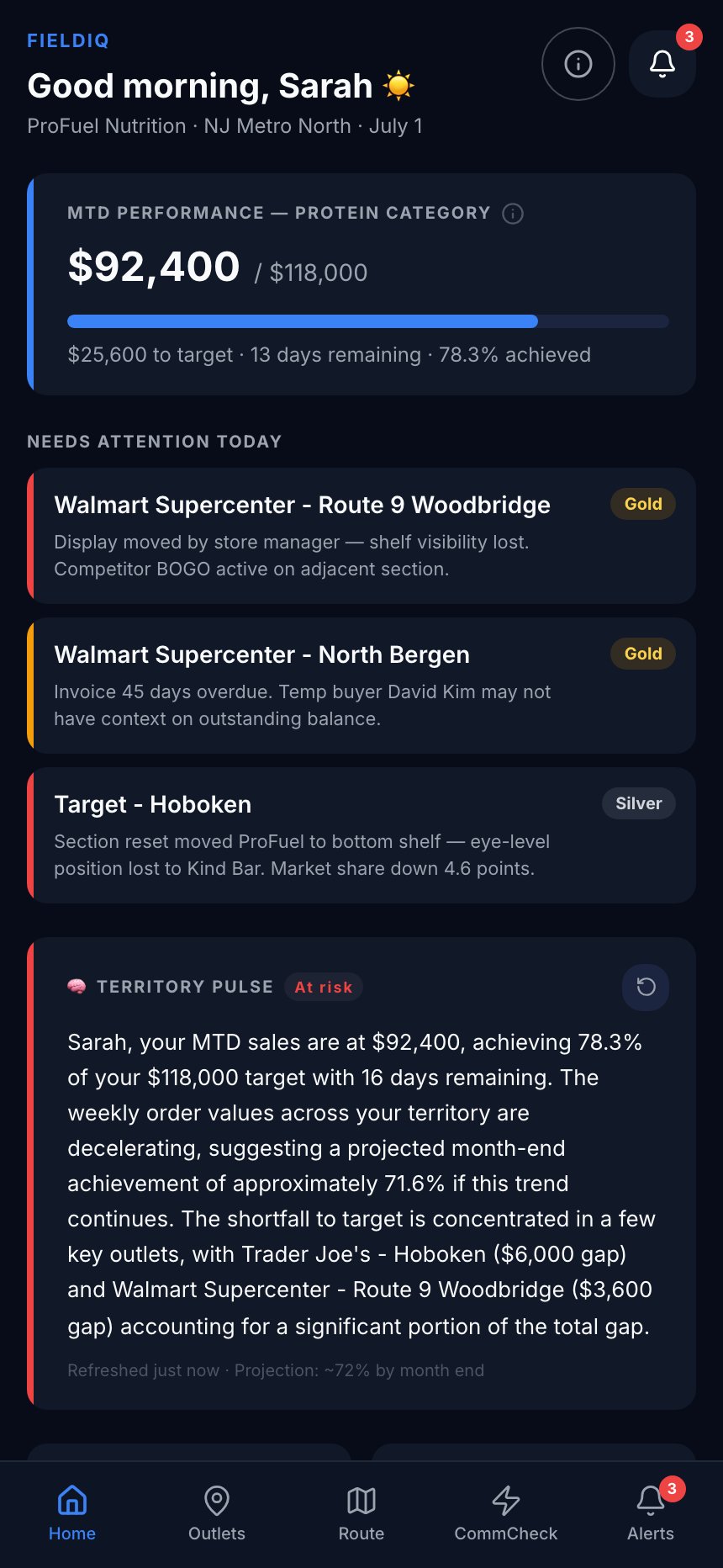 FieldIQ home: month-to-date sales against target and three outlets that need attention today
