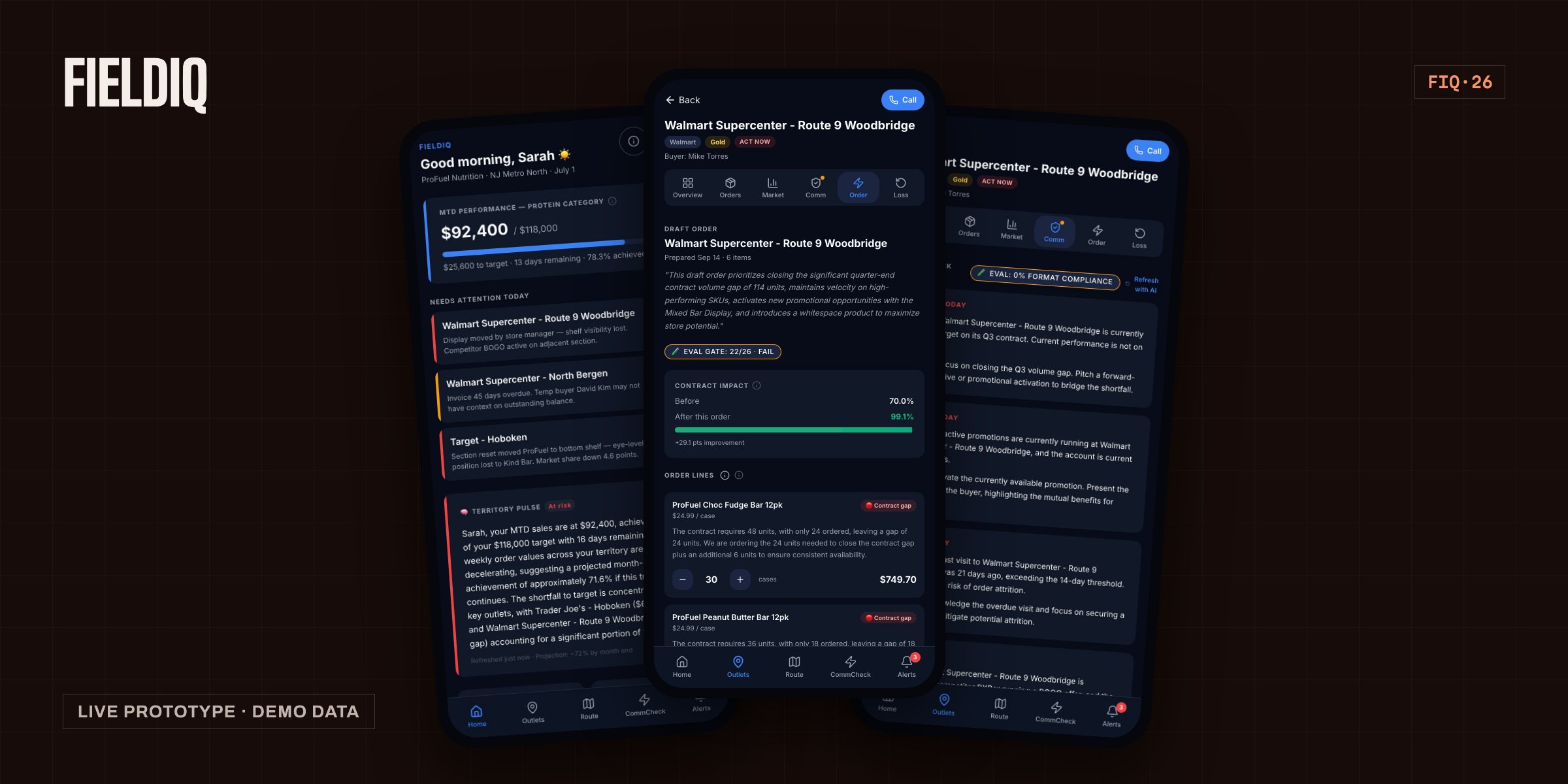 FieldIQ on three phones: home dashboard, Draft Order Agent and CommCheck, demo data